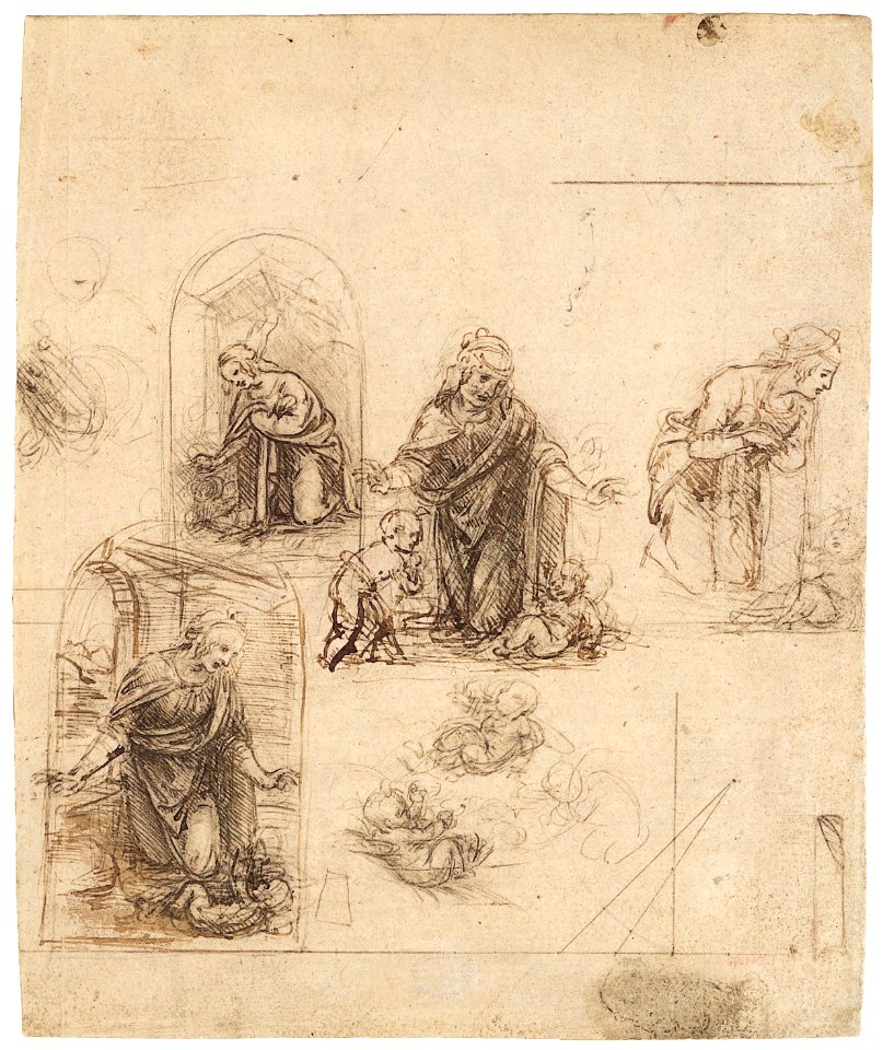 Compositional Sketches for the Virgin Adoring the Christ Child, with and without the Infant St. John the Baptist; Diagram of a Perspectival Projection (recto); Slight Doodles (verso) MET 75I 40r1