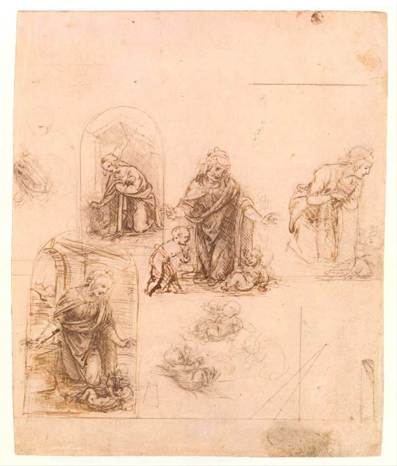 Compositional Sketches for the Virgin Adoring the Christ Child, with and without the Infant St. John the Baptist; Diagram of a Perspectival Projection (recto); Slight Doodles (verso) MET DT606