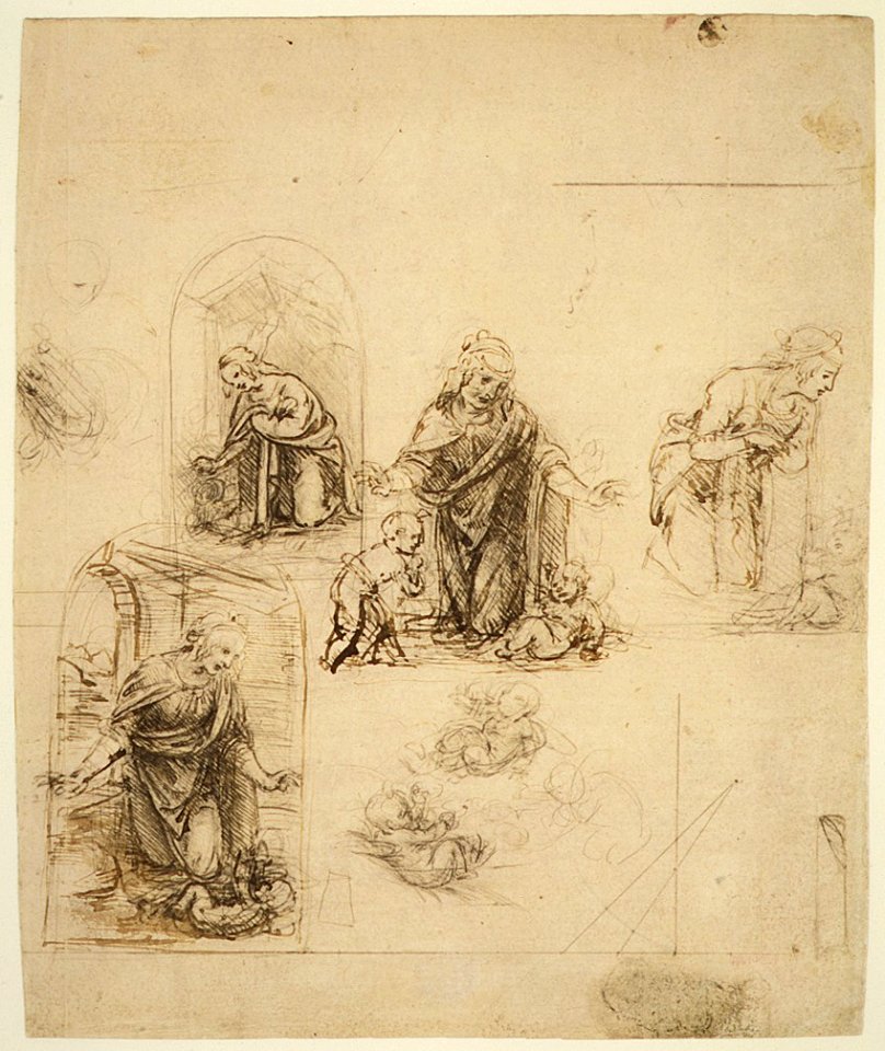 Compositional Sketches for the Virgin Adoring the Christ Child, with and without the Infant St. John the Baptist; Diagram of a Perspectival Projection (recto); Slight Doodles (verso) MET dp17.142.1.R