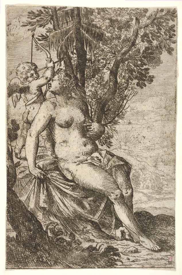 Cupid prepares to shoot an arrow as Venus, seated on a drapery, looks over her right shoulder, from the series 'Sport of Love' (Scherzi d'amore) MET DP833521