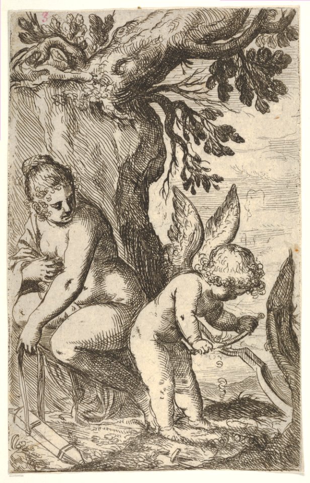 Cupid carves a wooden bow with a file, with his back turned toward Venus, who looks on from a seated position, from the series 'Sport of Love' (Scherzi d'amore) MET DP833520