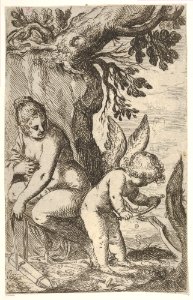 Cupid carves a wooden bow with a file, with his back turned toward Venus, who looks on from a seated position, from the series 'Sport of Love' (Scherzi d'amore) MET DP833520