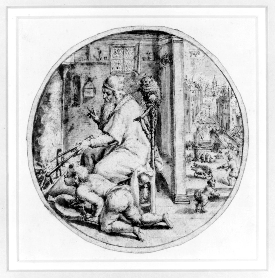 December- And Old Man Seated by a Hearth with a Young Man Blowing on the Fire MET 268525