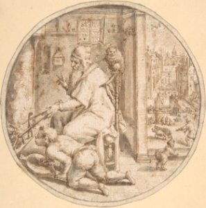 December- And Old Man Seated by a Hearth with a Young Man Blowing on the Fire MET DP801459
