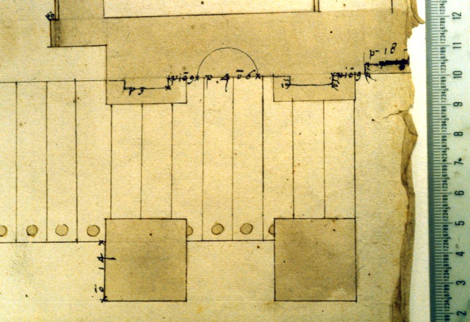 Cortile del Belvedere, Upper Courtyard, stair, plan (recto) blank (verso) MET sf49 92 72r-dtl05