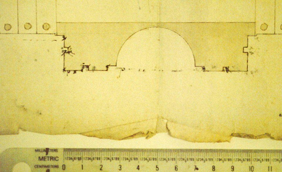 Cortile del Belvedere, Upper Courtyard, stair, plan (recto) blank (verso) MET sf49 92 72r-dtl02