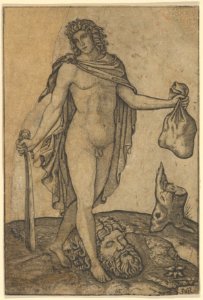 David standing, sword in lowered right hand, sack in the left, the head of Goliath on the ground beneath him MET DP852705