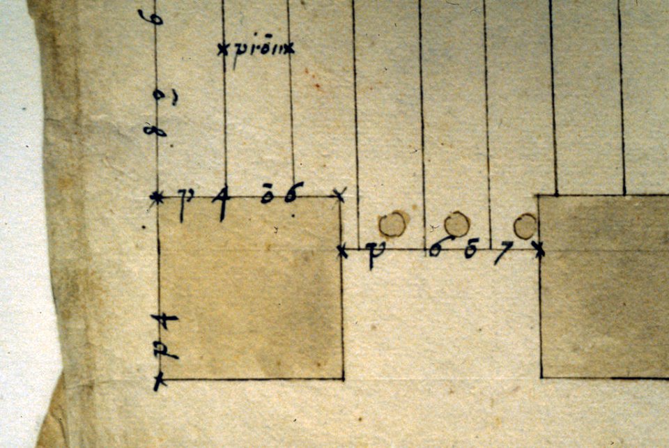 Cortile del Belvedere, Upper Courtyard, stair, plan (recto) blank (verso) MET sf49 92 72r-dtl01