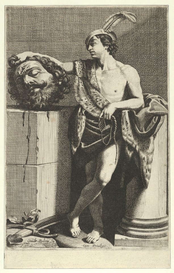 David standing with crossed legs and holding the head of Goliath on a pedestal at left, a sword on the ground, after Reni MET DP841468