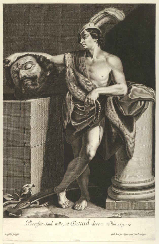 David standing with crossed legs and holding the head of Goliath on a pedestal at left, a sword on the ground, after Reni MET DP841315