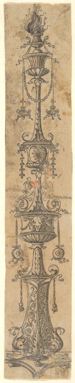 Decorative border panel with flaming candelabra ornamented with foliate designs, swags, and a cow's skull, from Life of the Virgin and Christ MET DP833937