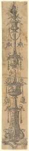 Decorative border panel with flaming candelabra ornamented with foliate designs, swags, and a cow's skull, from Life of the Virgin and Christ MET DP833937