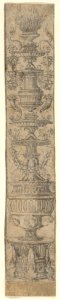 Decorative border panel with a flaming candelabra ornamented with shells, swags and heads of putti, from Life of the Virgin and Christ MET DP833935