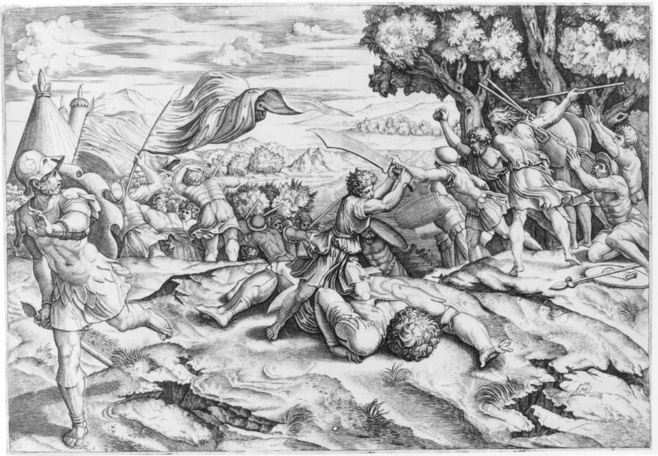 David raising sword to decapitate a fallen Goliath among battling soldiers MET MM92360
