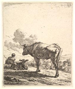 Cowherd with cow and calf on a hillside, the cowherd viewed from behind and seated in the grass, the cow standing and facing the recumbent calf, a village beyond MET DP828791