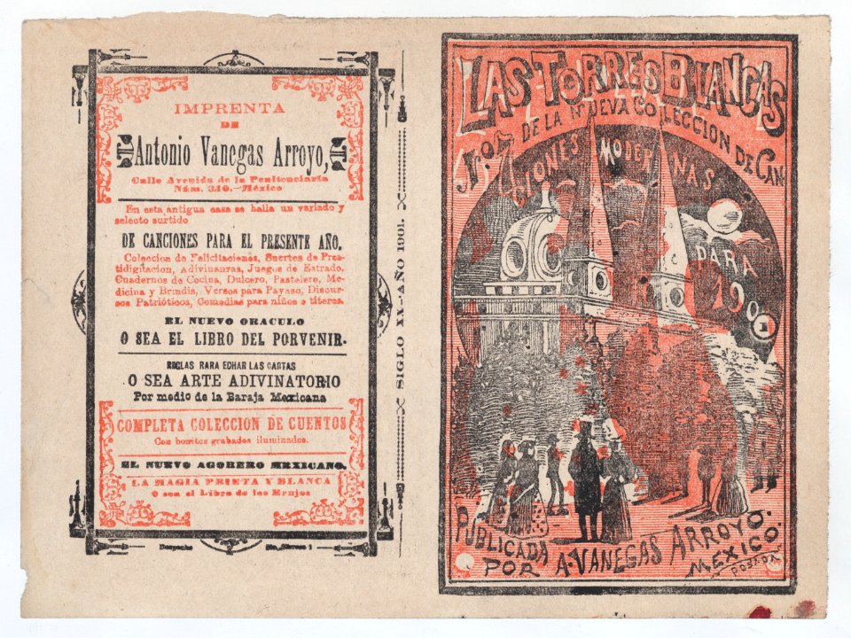 Cover for 'Las Torres Blancas', a group of people walking and looking up at two white towers MET DP868388