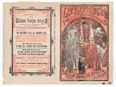 Cover for 'Las Torres Blancas', a group of people walking and looking up at two white towers MET DP868388