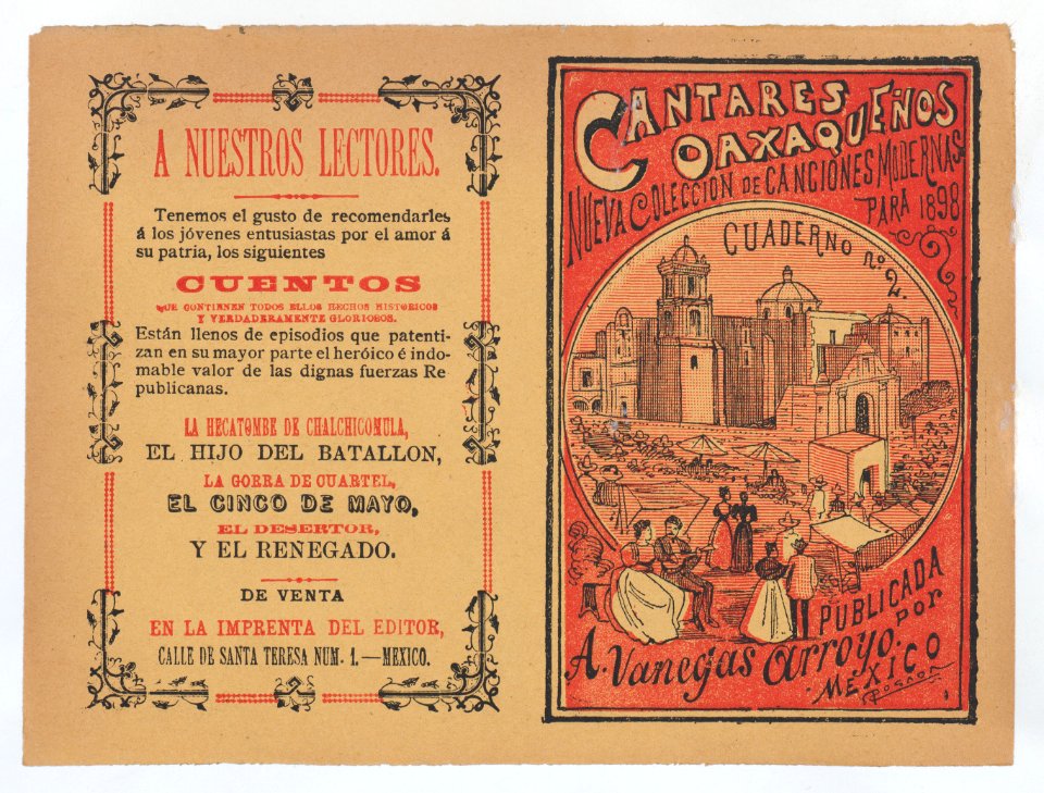 Cover for 'Cantares Oaxaqueños- Nueva Coleccion de Canciones Modernas para 1898', couples walking arm in arm on the outskirts of a town MET DP868397