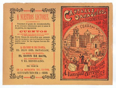 Cover for 'Cantares Oaxaqueños- Nueva Coleccion de Canciones Modernas para 1898', couples walking arm in arm on the outskirts of a town MET DP868397