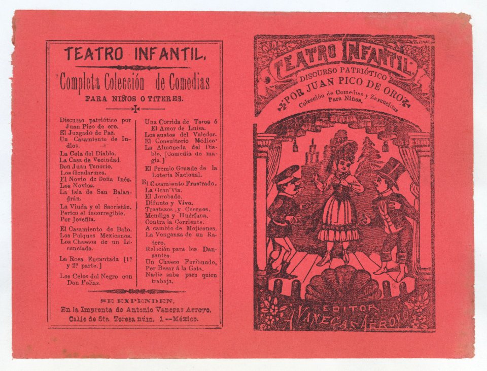 Cover for 'Coleccion de Comedias y Zarzuelitas para Niños', woman on stage flanked by two men MET DP868408