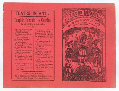 Cover for 'Coleccion de Comedias y Zarzuelitas para Niños', woman on stage flanked by two men MET DP868408