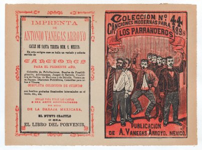 Cover for 'Canciones Modernas para 1898- Los Parranderos', group of men holding a banner and singing MET DP868409
