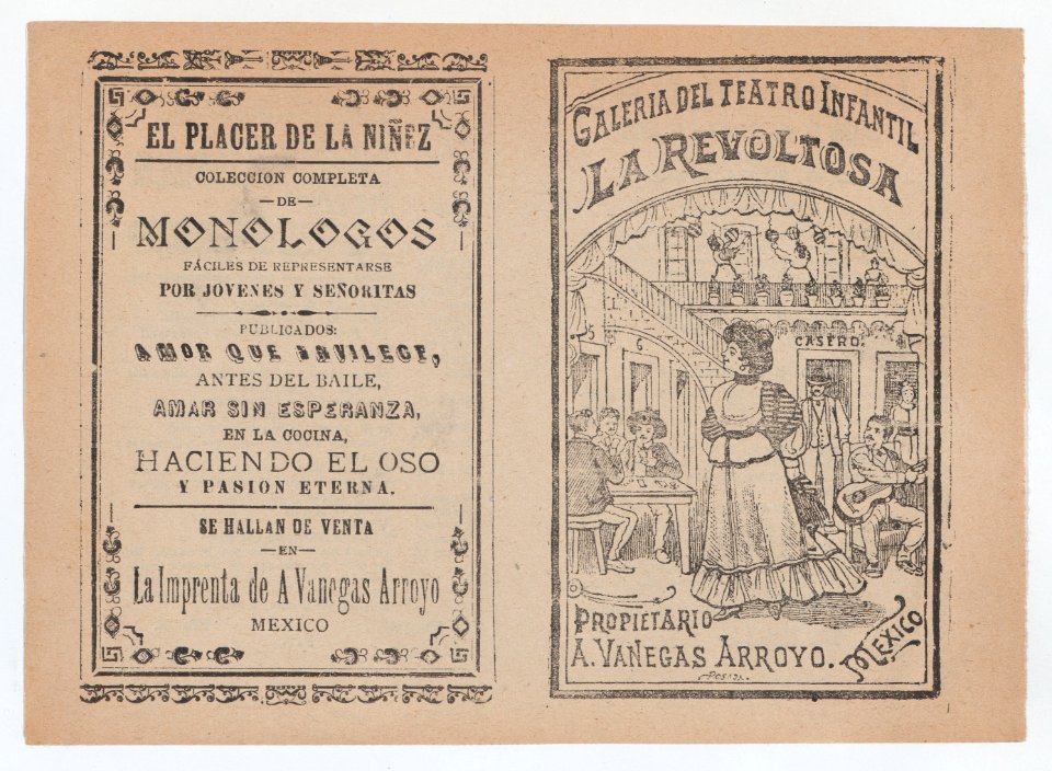 Cover for 'La Revoltosa', a woman standing in the middle of a saloon surrounded by people playing games and music MET DP868384