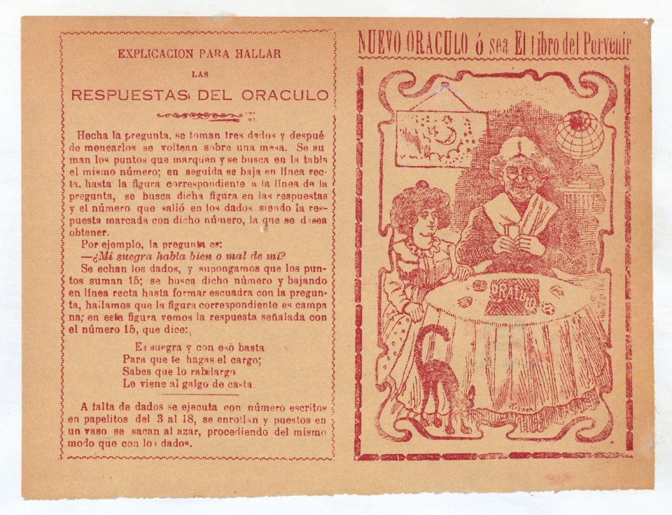 Cover for 'Nuevo Oraculo ó sea El Libro del Porvenír', an old women seated at a table and reading someone's fortune from cards MET DP868401