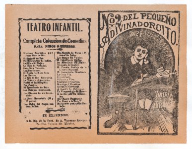 Cover for 'Del Pequeño Adivinadorcito', a young boy resting his head on his hand and writing at a desk MET DP868396