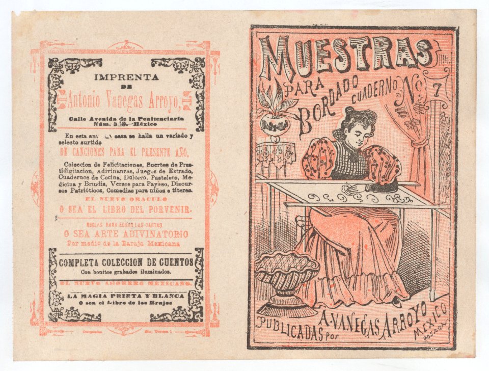 Cover for 'Muestras para Bordado', a woman embroidering MET DP868387