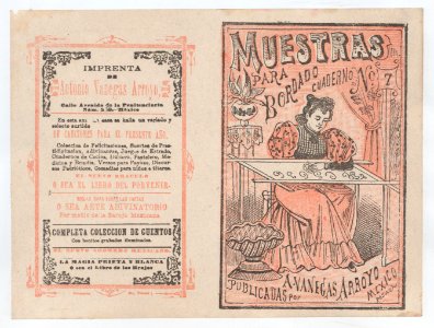 Cover for 'Muestras para Bordado', a woman embroidering MET DP868387