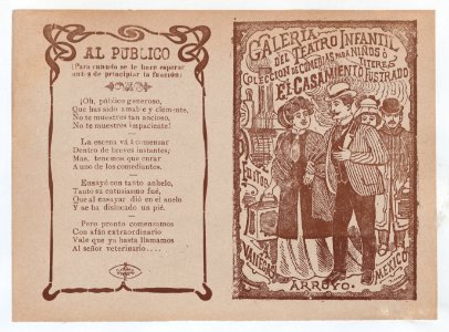 Cover for 'El Casamiento Fustrado', a man and woman walking arm in arm with a train in the background MET DP868407
