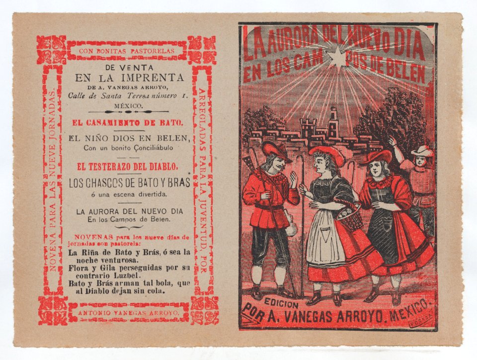 Cover for 'La Aurora del Nuevo Dia en los Campos de Belen', villagers holding shepherd's hooks and walking in the countryside MET DP868389