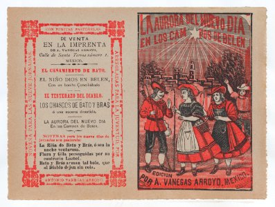 Cover for 'La Aurora del Nuevo Dia en los Campos de Belen', villagers holding shepherd's hooks and walking in the countryside MET DP868389