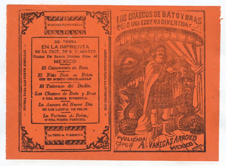 Cover for 'Los Chascos de Bato y Bras o una Eccena Divertida', a man standing on stage surrounded by monsters MET DP868385
