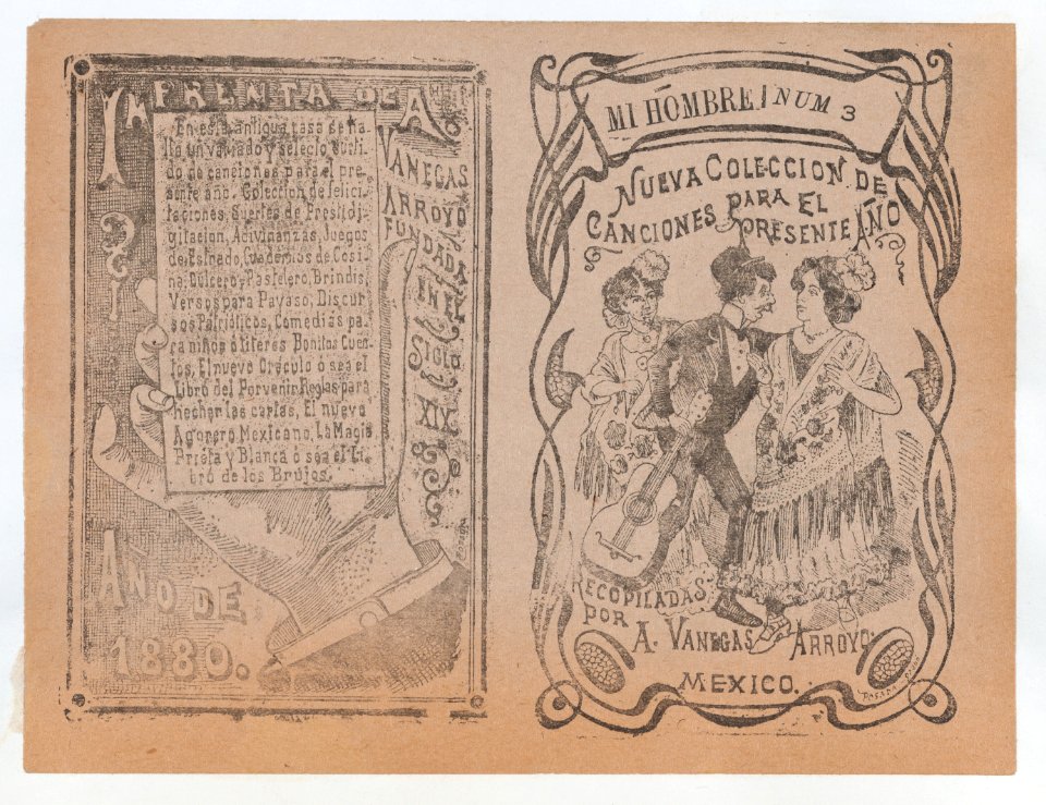 Cover for 'Nueva Coleccion de Canciones para el Presente Año', a man with a guitar placing his arm around a woman's shoulder while another woman watches them MET DP868412