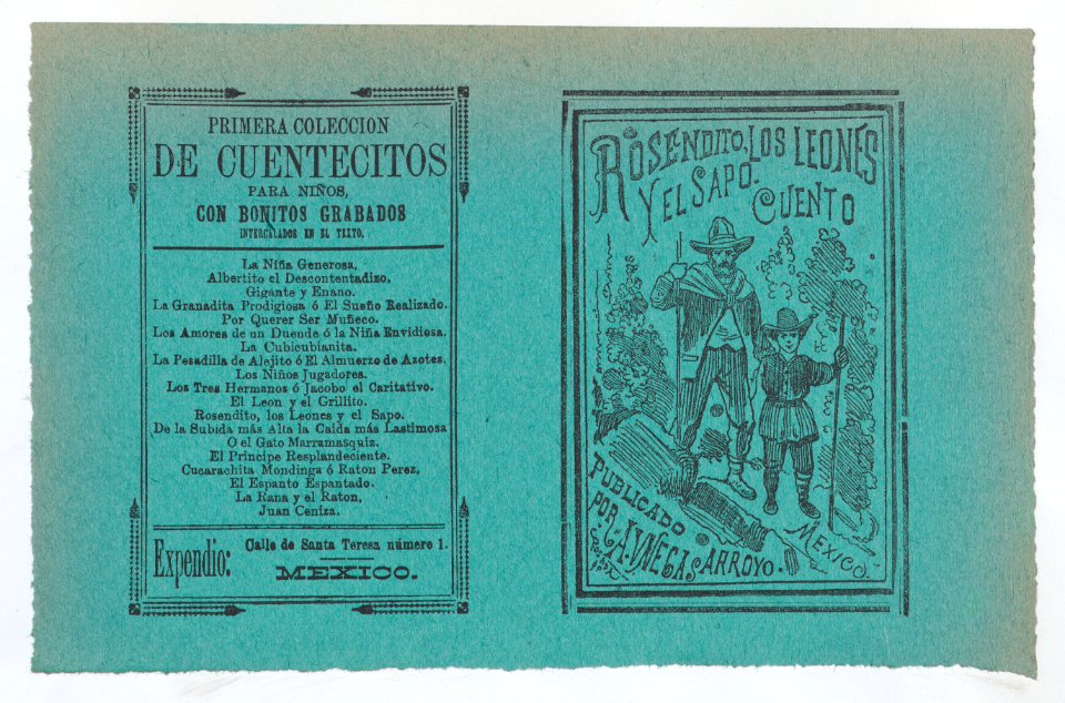 Cover for 'Rosendito, Los Leones, y El Sapo', a young boy and man holding walking sticks MET DP868393