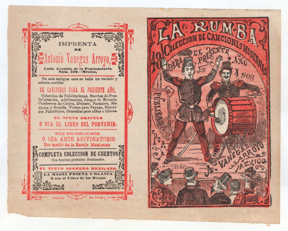 Cover for 'La Rumba- Coleccion de Canciones Modernas para el Presente Año 1903', a conductor and a drummer performing on stage for an audience MET DP868410