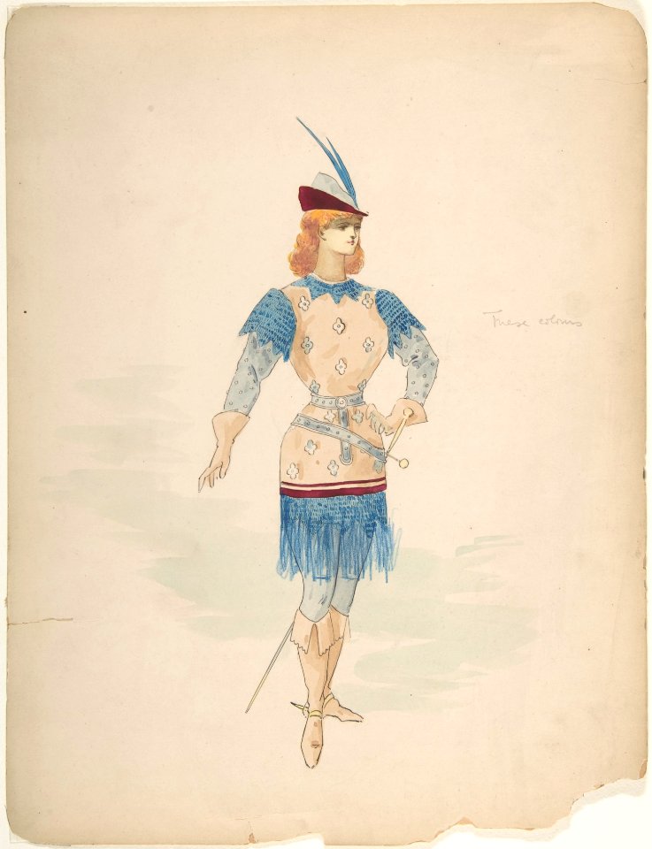 Costume Design for a Cavalier (?) in Blue and Burgundy with Feathered Cap and Sword MET DP805207