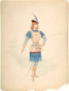 Costume Design for a Cavalier (?) in Blue and Burgundy with Feathered Cap and Sword MET DP805207. Free illustration for personal and commercial use.