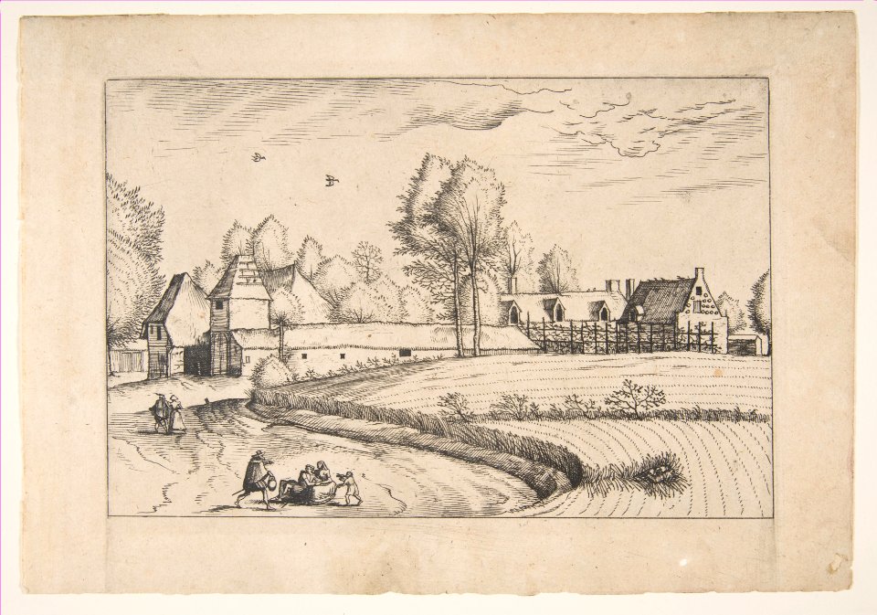 Country Houses, couple and cornfield in the foreground, from the series The Small Landscapes (Praediorum Villarum) MET DP818231