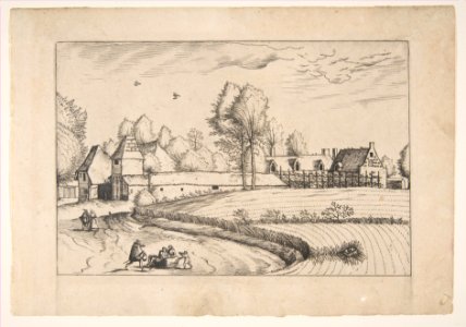Country Houses, couple and cornfield in the foreground, from the series The Small Landscapes (Praediorum Villarum) MET DP818231