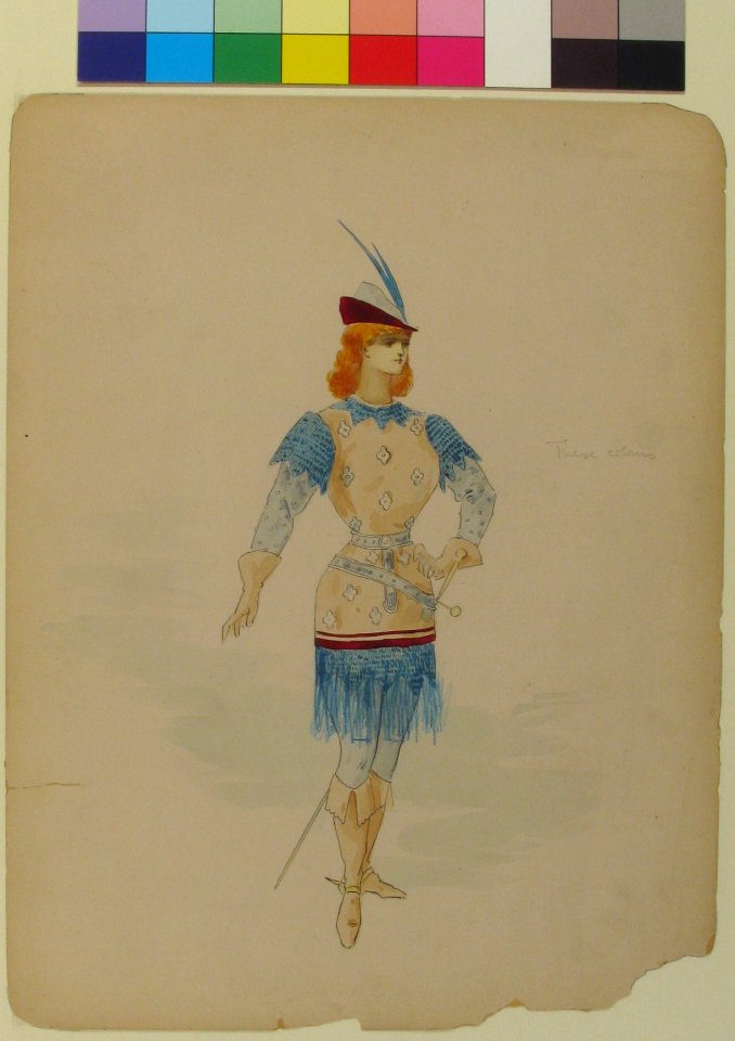 Costume Design for a Cavalier (?) in Blue and Burgundy with Feathered Cap and Sword MET 69.683.3