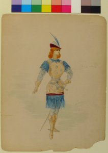 Costume Design for a Cavalier (?) in Blue and Burgundy with Feathered Cap and Sword MET 69.683.3. Free illustration for personal and commercial use.