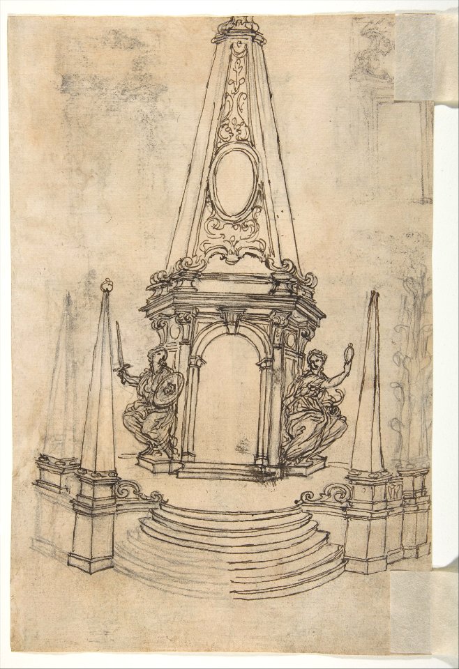 Designs for Archways and Baldachins with Caryatids and Coats of Arms (Recto). Design for a Monument with Statues of Prudence and Fortitude (Verso). MET DP809744