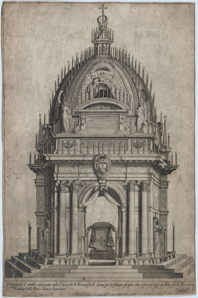 Design of the catafalque for Francesco Piccolomini; from 'Libro De Catafalchi, Tabernacoli, con varij designi di Porte fenestre et altri ornamenti di Architettura' MET DP874853