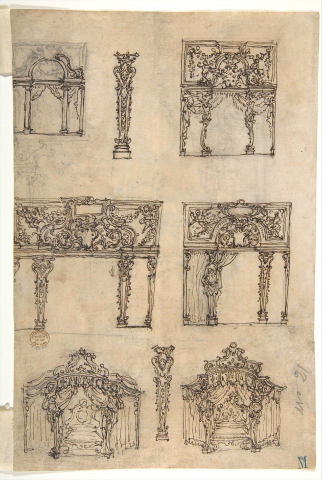 Designs for Archways and Baldachins with Caryatids and Coats of Arms (Recto). Design for a Monument with Statues of Prudence and Fortitude (Verso). MET DP809743