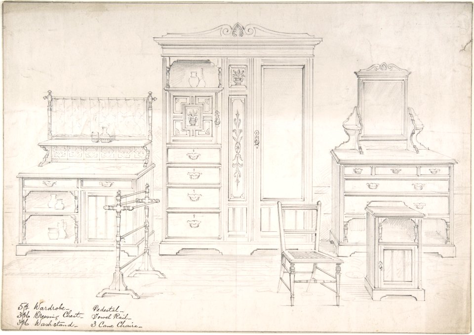 Designs for a Wardrobe, Dressing Chest, Wash Stand, Pedestal, Towel Rail and Cane Chairs MET DP806656