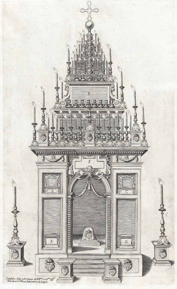 Design of the catafalque for the exequies of the Marchesa di Villena in San Giacomo degli Spagnoli, Rome; from 'Libro De Catafalchi, Tabernacoli, con varij designi di Porte fenestre et altri ornamenti di Architettura' MET DP874855