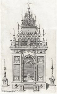 Design of the catafalque for the exequies of the Marchesa di Villena in San Giacomo degli Spagnoli, Rome; from 'Libro De Catafalchi, Tabernacoli, con varij designi di Porte fenestre et altri ornamenti di Architettura' MET DP874855